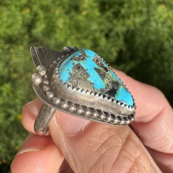 Sleeping Beauty Turquoise Ring w/ Pyrite in 925 Sterling Silver Handmade 7 1/4 - Picture 12 of 14
